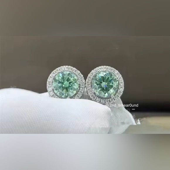 2 Ct tw Ocean Blue Round Halo Moissanite Earrings - Picture 3 of 7